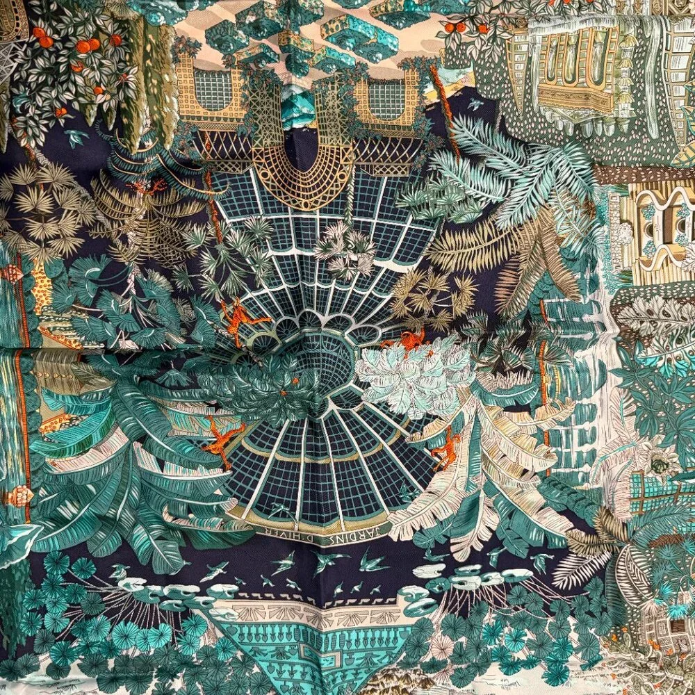hermes annie faivre jardin l'hiver 90 silk scarf blue - Picture 3 of 6
